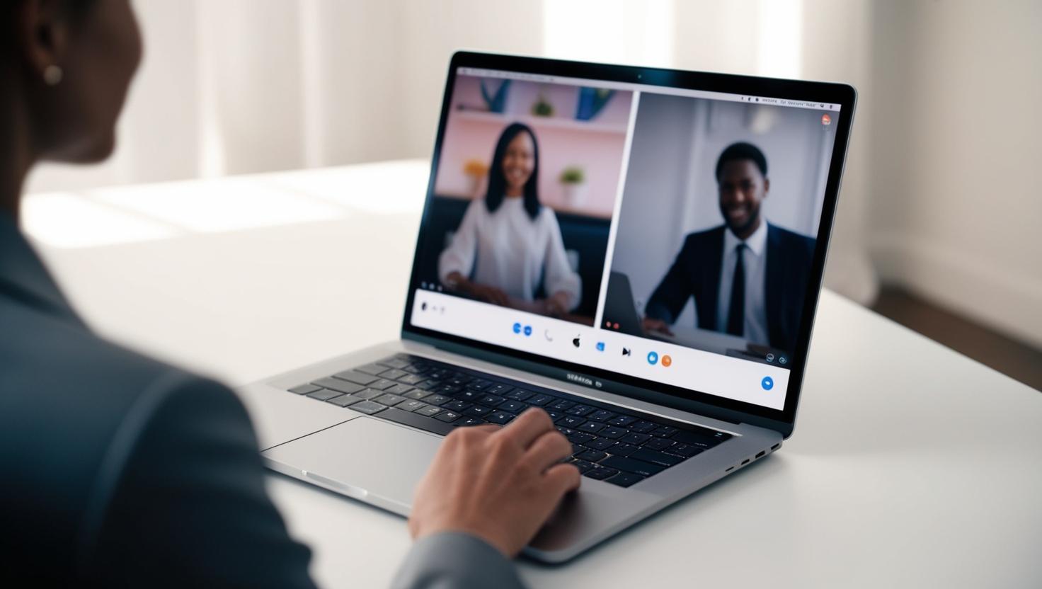 une conversation professionnelle en visio sur un macbook pro où on ne voit pas trop les visages