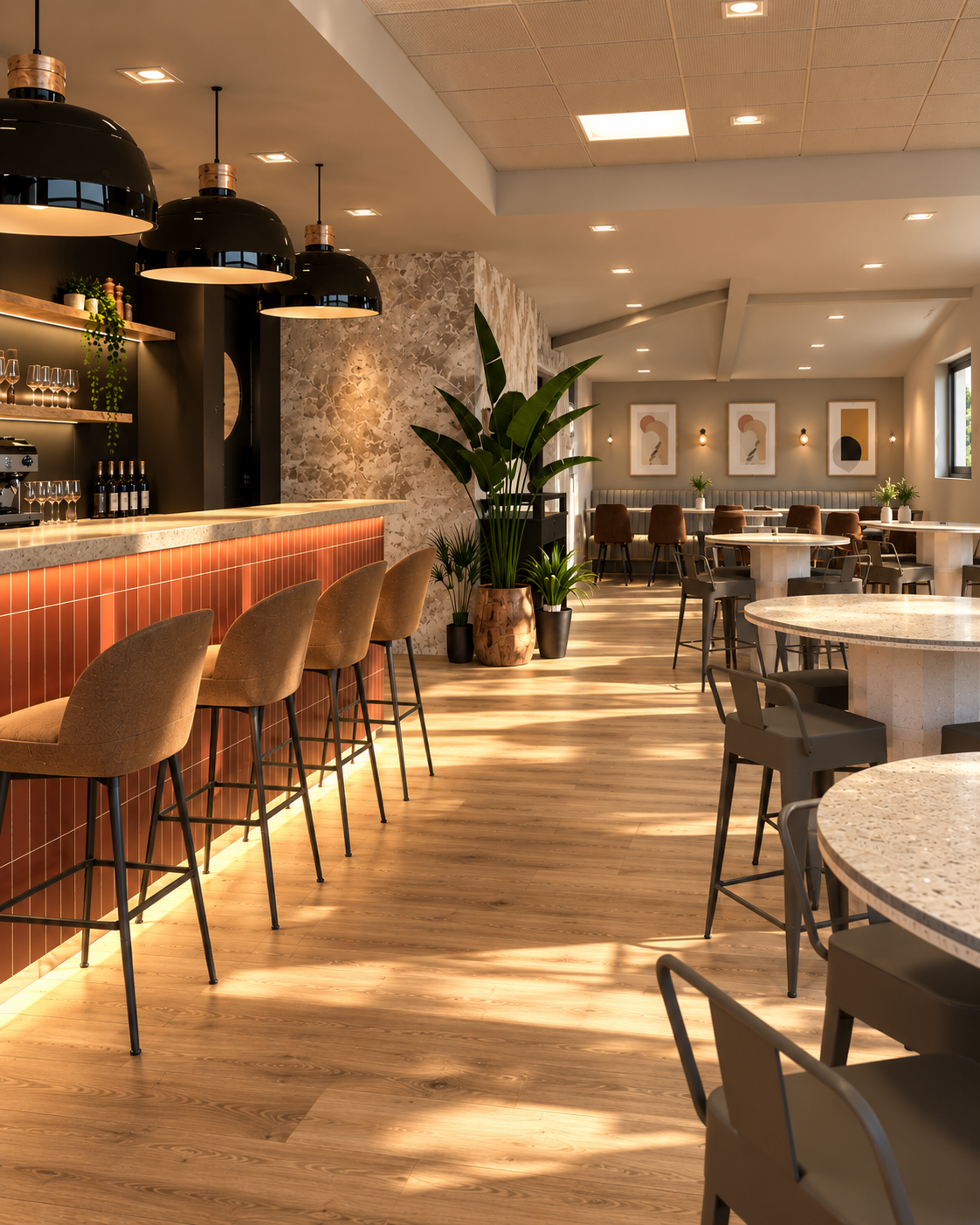 Café contemporain baigné de lumière chaleureuse
