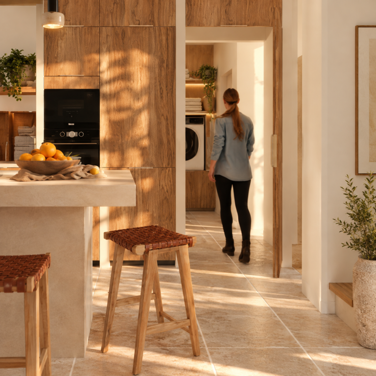 Cuisine chaleureuse ouverte sur le couloir