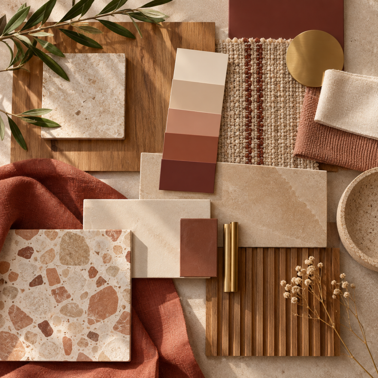 Palette chaleureuse de matériaux naturels
